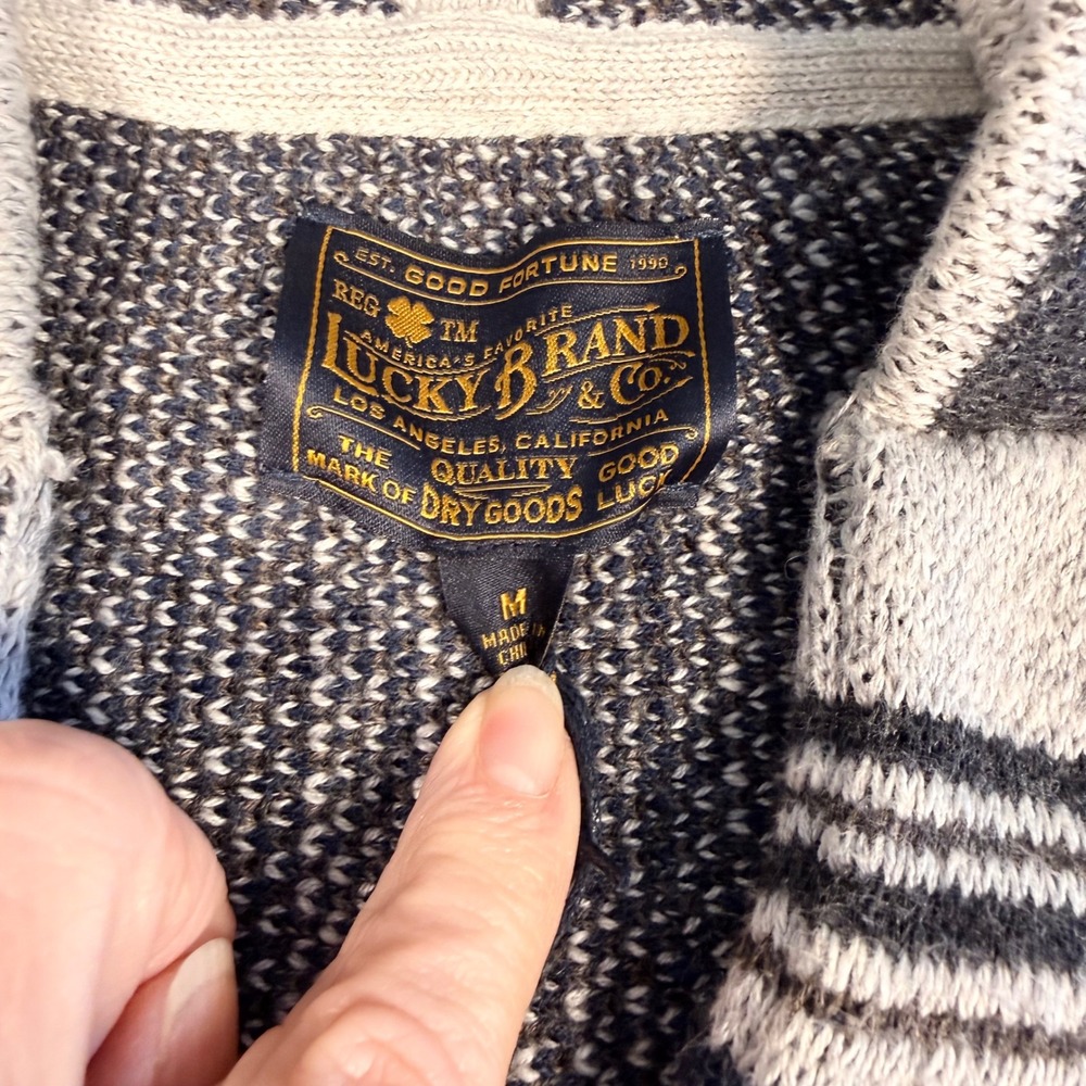 Lucky Brand Mens‎ M Baja Hoodie Gray Navy Pullover Surf Boho Skater Street Knit - Picture 9 of 14